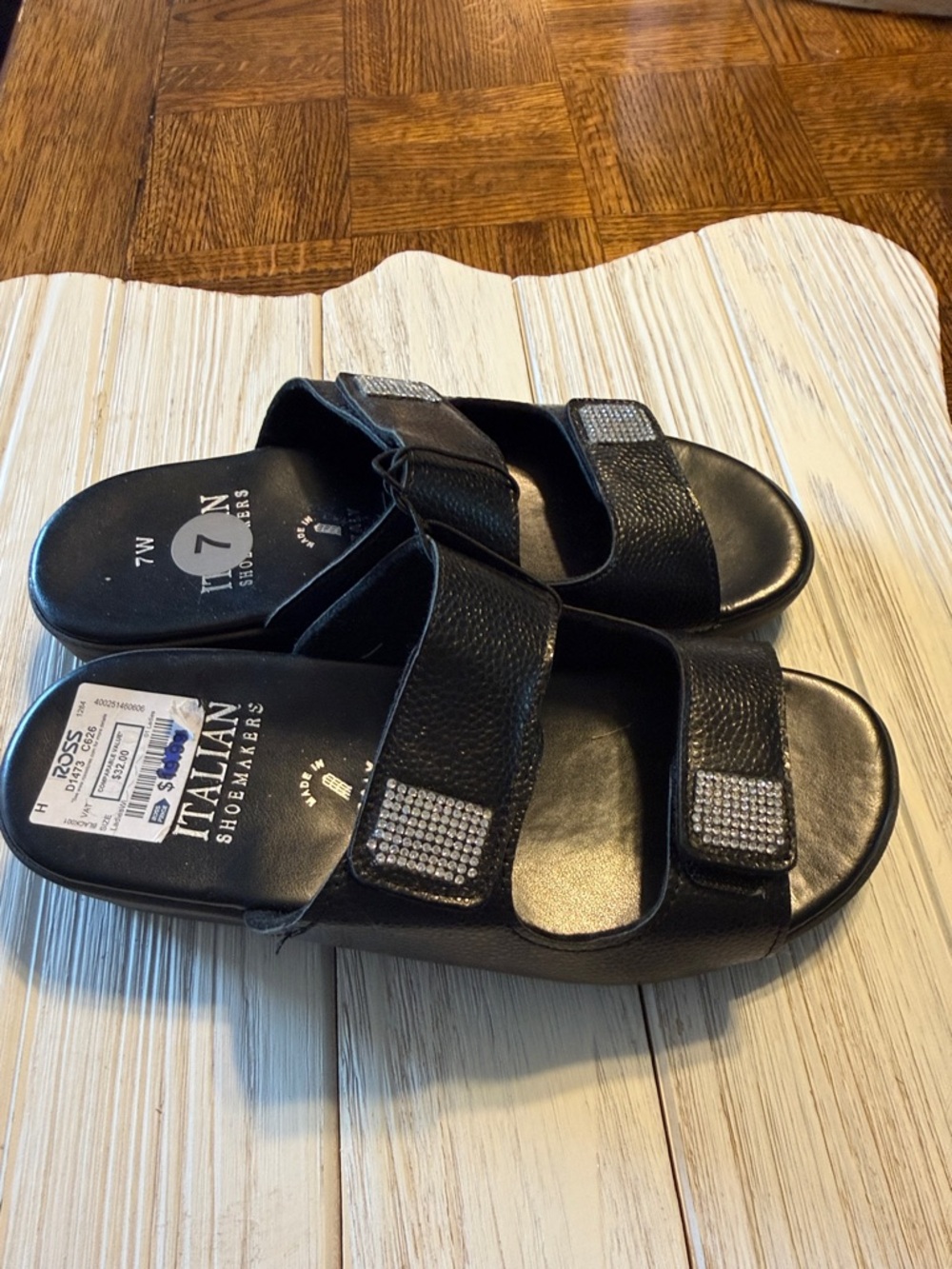Italian Shoemakers Black Slide Sandals with Rhinestone Accents